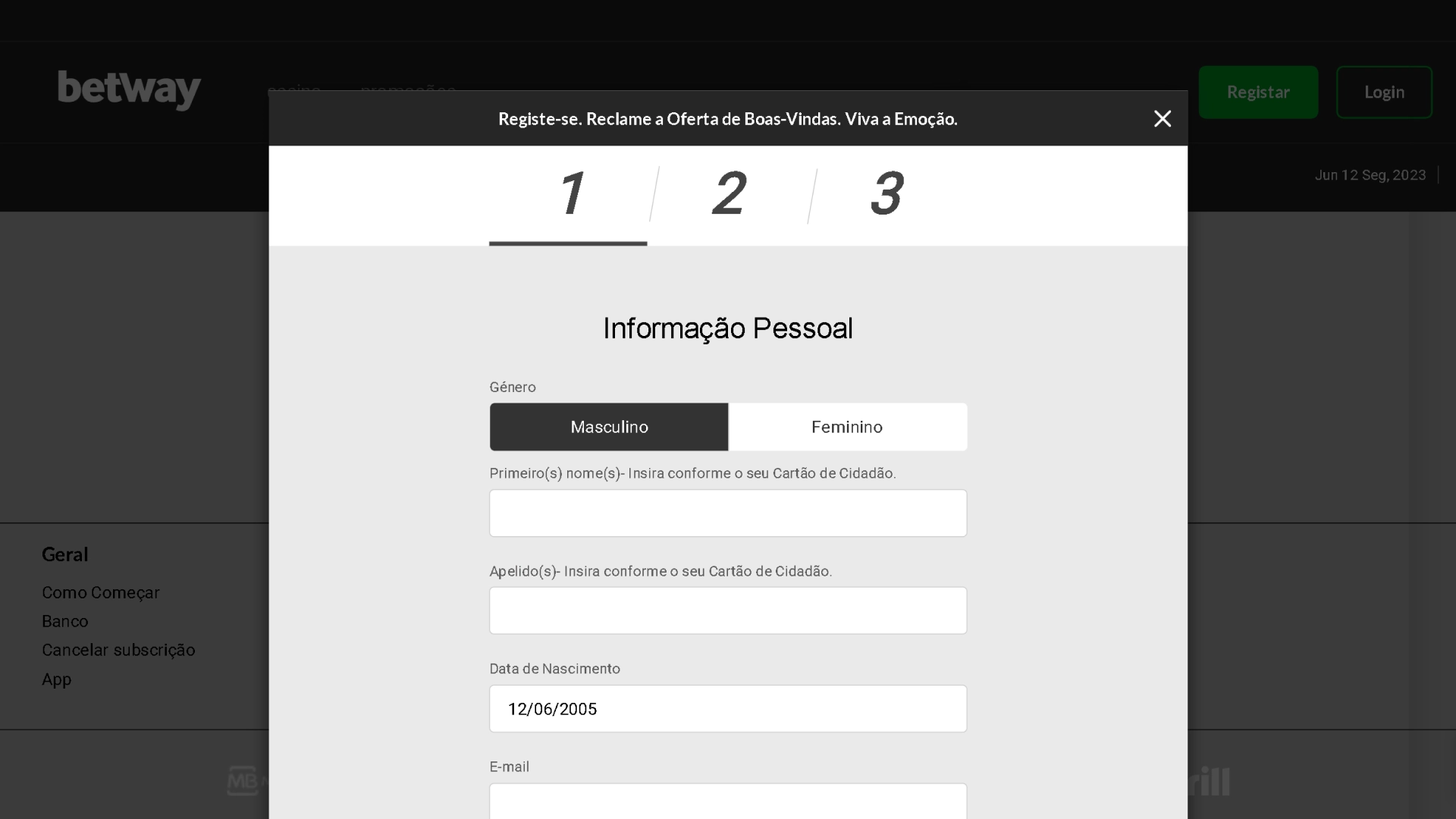 imagem captura mostra página de registro da Betway