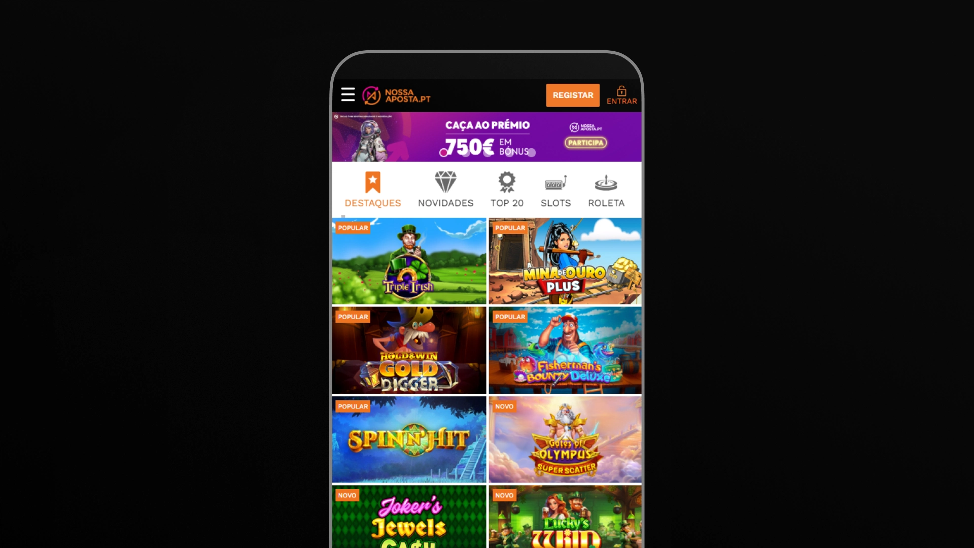 captura de ecrã registro app telemovel nossa aposta