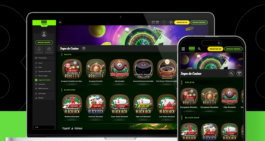 Imagem mostra notebook e smartphone abertos na página de casino da 888 Casino