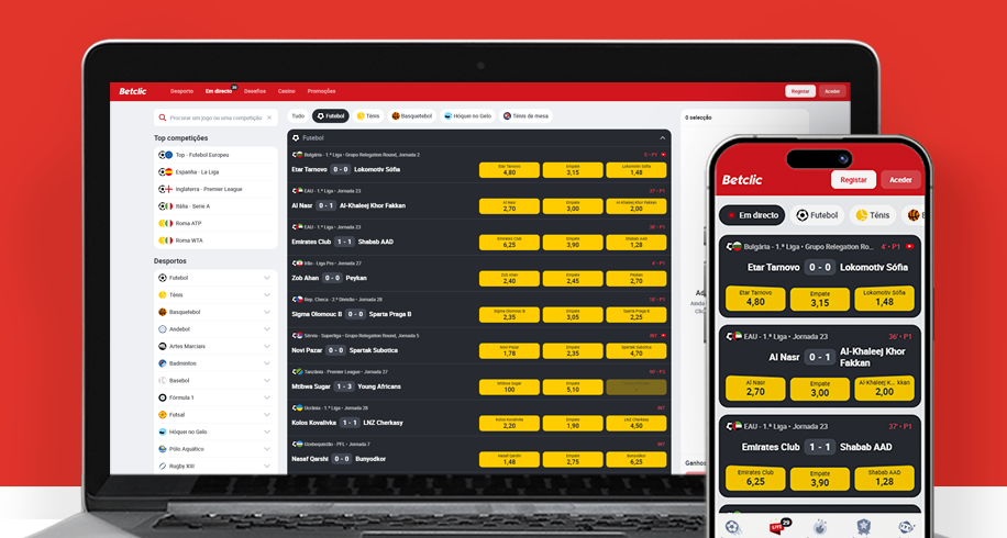 Imagem mostra notebook e smartphone abertos na página de transmissão em direto da Betclic