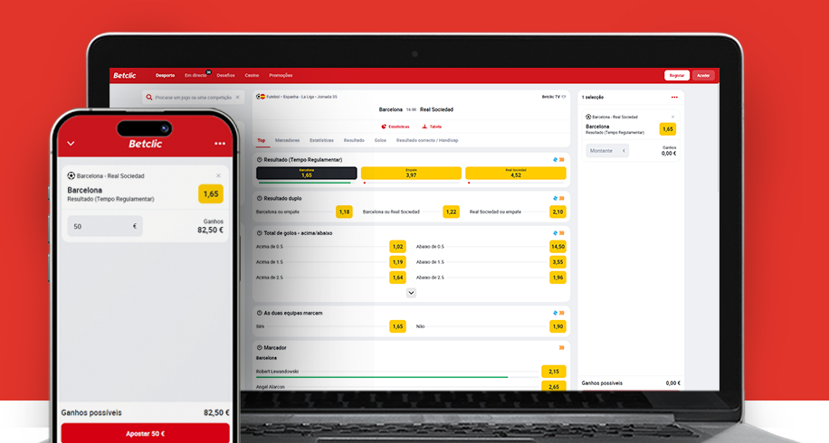 Imagem mostra notebook e smartphone abertos na página de apostas da Betclic