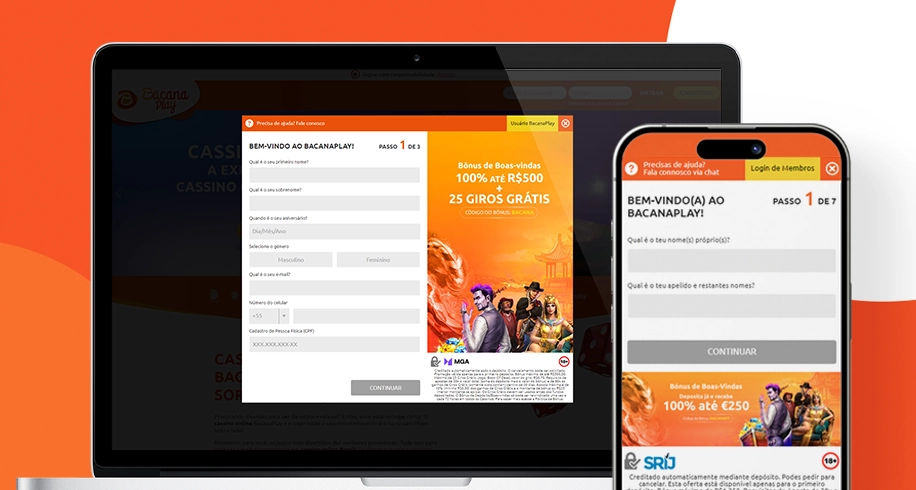 Imagem mostra notebook e smartphone abertos na página de registro da Bacana Play