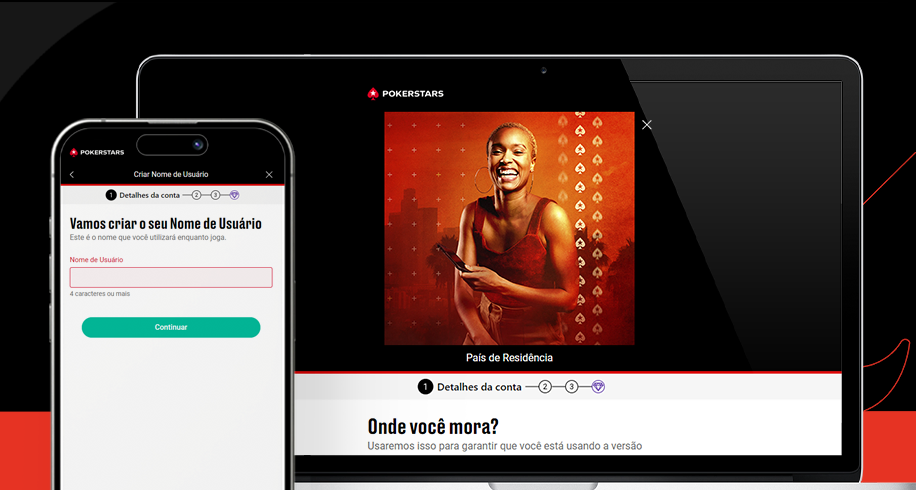 Imagem mostra notebook e smartphone abertos na página de registro da PokerStars