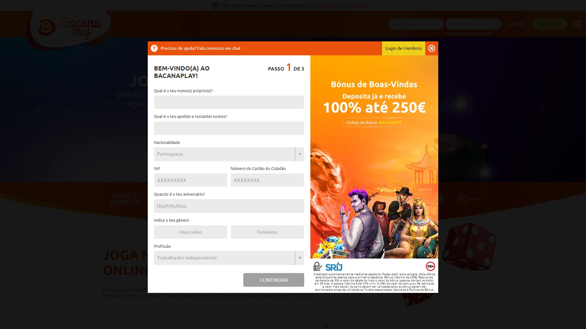 Screenshot mostra página de registo da Bacana Play